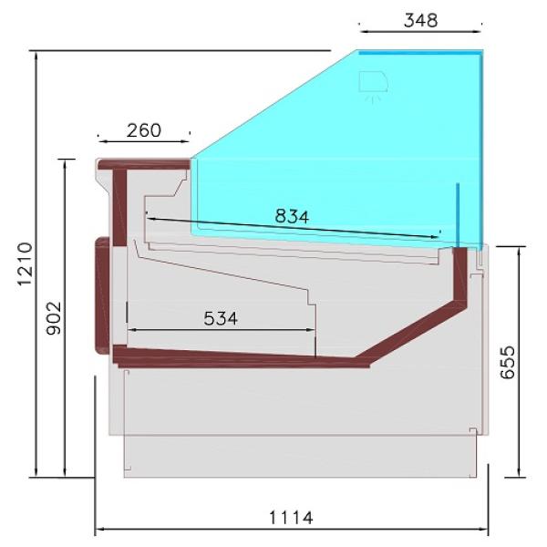 DPT13-V5 (25) Porto Verkaufstheke Umluft, Glasscheibe 90°, mit Reservefach - SCHWARZ