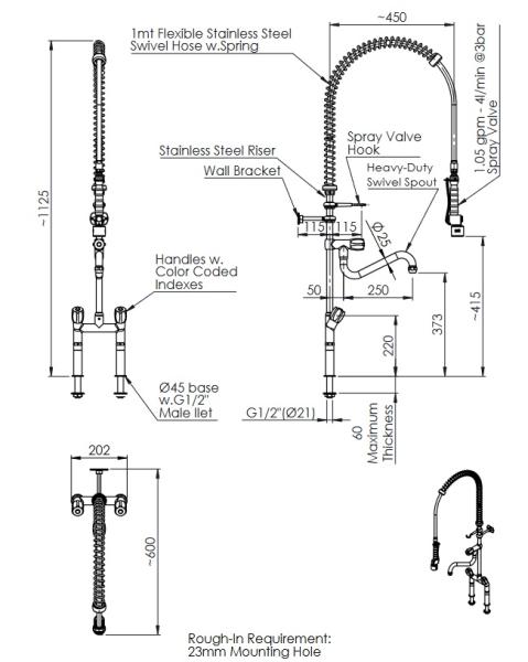 PREMIUM 20922013 3E.3016.4L.11 781199 (25) 2- Loch Geschirrwaschbrause mit Low-Flow Brausekopf Wasser- u. Energiesparbrause