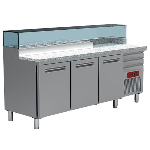 MR-MAXIPIZZA/R2 (25) Pizzakühltisch, 3 Türen, 3 neutrale Schubladen, Kühlaufsatz 8x GN 1/4, 2110x700xh880/900-1200