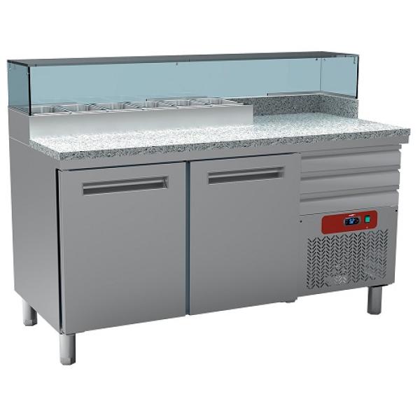 MR-PIZZA/R2 (25) Pizzakühltisch, 2 Türen, 3 neutrale Schubladen, Kühlaufsatz 6x GN 1/4, 1590x700xh880/900-1200