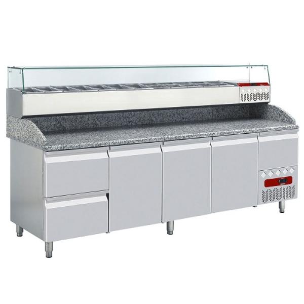 TP361/P9_SY249G/PP9 (25) Pizzakühltisch inkl.Kühl-Aufsatzvitrine, GN 11x 1/3, 1x 1/9