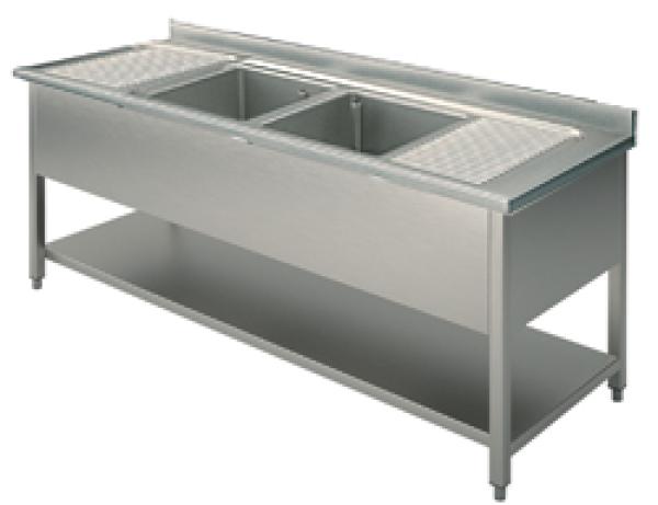GLA0017 (24) Spültisch mit 2 Becken, 2 Abtropfflächen, Grundboden, 200x70