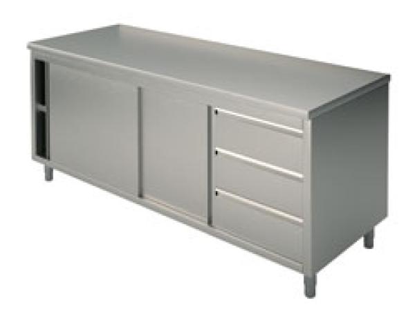 HCA0049 (24) M Edelstahl-Arbeitsschrank mit Schiebetüren, Schubladen rechts, 1600x700x850mm