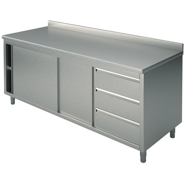 HCA0064 (24) M Edelstahl-Arbeitsschrank mit Schiebetüren und Aufkantung, Schubladen rechts, 2000X700X850mm