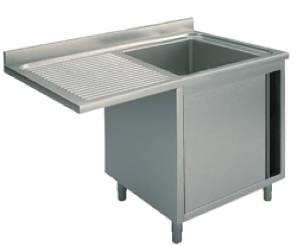 SLA1LS12070 (24) M Edelstahl-Spülcenter 1 Becken rechts, Flügeltür, Abtropffläche links und Aussparung, 120x70